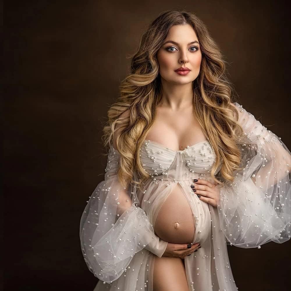 Umstandskleid aus Tüll mit Perlen für Fotoshootings – Langes Schwangerschaftskleid mit Puffärmeln für Babyparty und Schwangerschaftsfotos