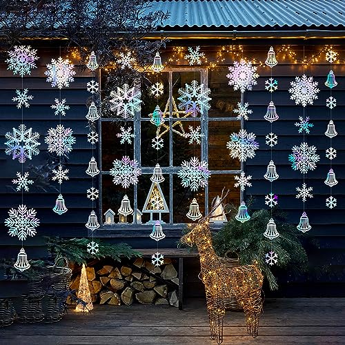 Image of 40 Ft Snowflakes Party Decorations Iridescent Snowflakes Bell Garland Holographic Big Snowflakes Hanging Streamer Backdrop for Winter Wonderland Christmas Holiday Birthday Home Window Wall Room Decor