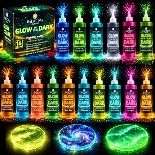 BALTIC DAY - Glow in the Dark Pigment Paste for Epoxy Resin 16 Colors Ultra-Concentrated Resin Pigment Set Long-Lasting Glow UV Resin Colorant for Jewelry Making River Tables Tumblers Crafts