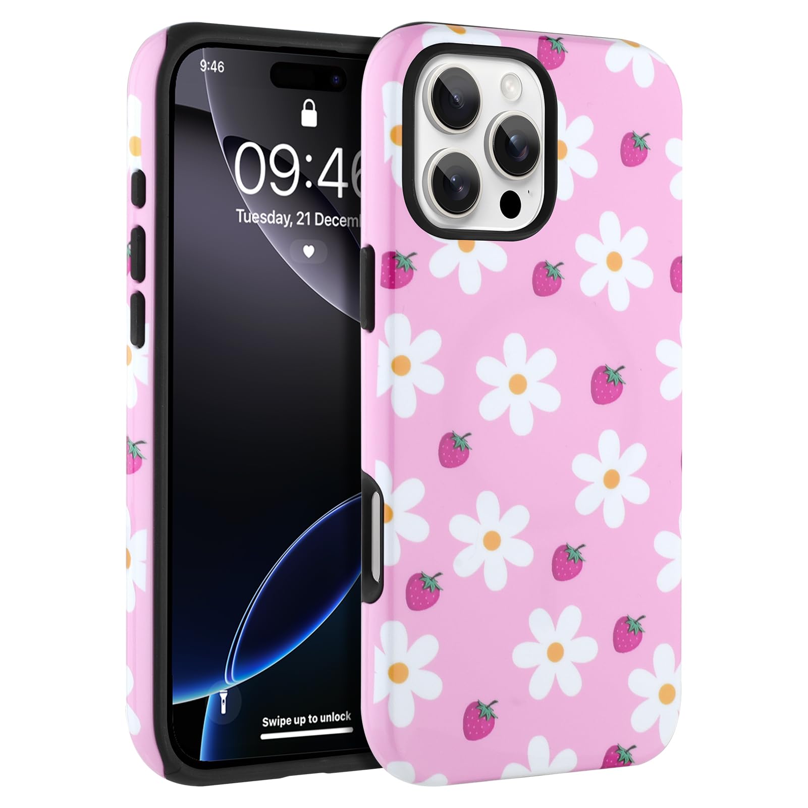 Ovcuqul Compatible for iPhone 16 Pro Max Case, Aesthetic Pink Strawberry Flowers Case Compatible with MagSafe, Dual Layer Shockproof Protective Cover