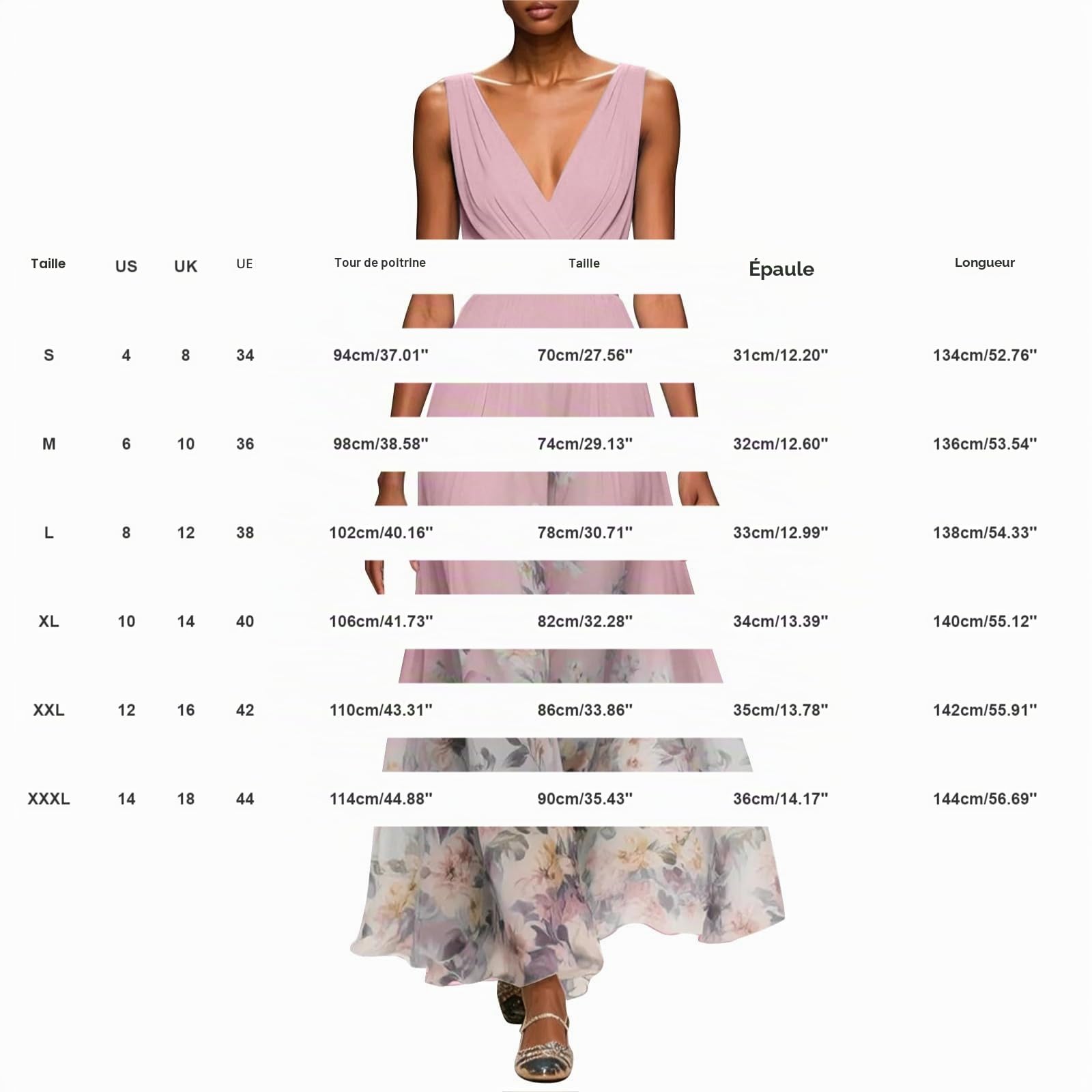 Générique Robe Femme Chic et Elegant Femme Robe de Soirée Chic Longue Col V À Fleur Mousseline Longue Maxi Dress Plage D'Été Cocktail Mariage Robes de Demoiselle d'honneur