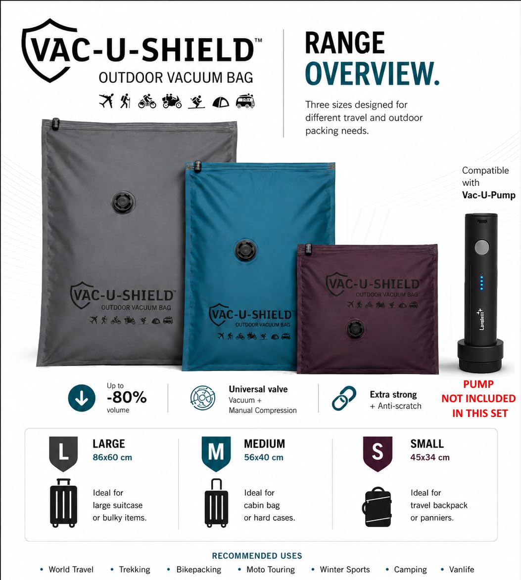 Vac-U-Shield Set 6 Sacchetti Sottovuoto Viaggio Outdoor 3 Misure S M L | 3 misure S M L in tessuto anti-graffio, valvola universale, compressione a mano o con pompa sottovuoto, lunga durata