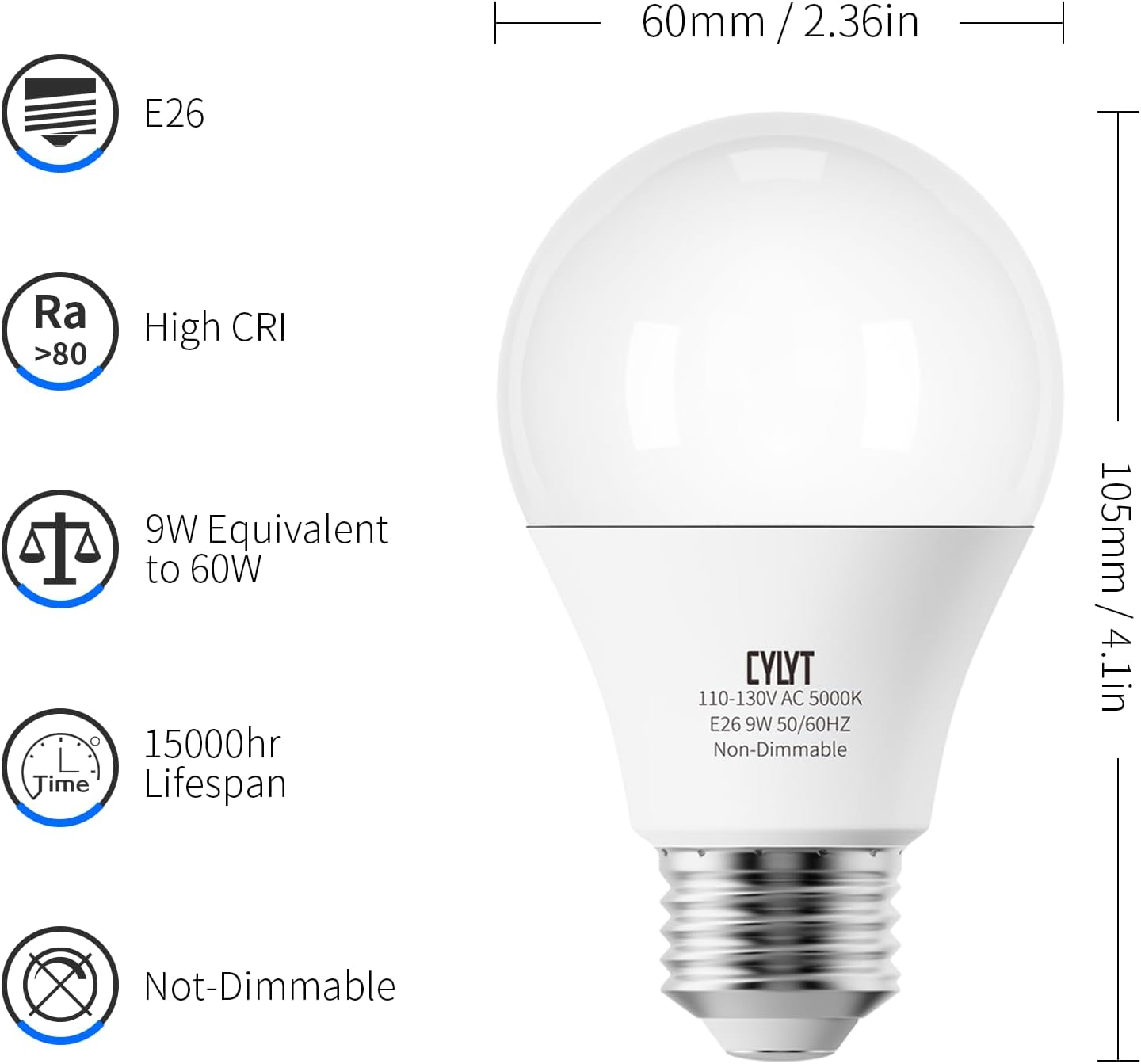 CYLYT A19 LED Light Bulb 60W Equivalent, Daylight White 5000K, 9W Energy Saving Bulbs, Focos LED para Casa, E26 Standard Base for Kitchen Bedroom Indoor Outdoor, 800 Lumen, Non-diammable, 4-Pack