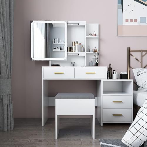 Lighted Mirror Vanity Table Set - Vanity Makeup Desk with Chair - Makeup Table with Adjustable 3-color LED Lights - Dressing Table with 4 Drawers, 2