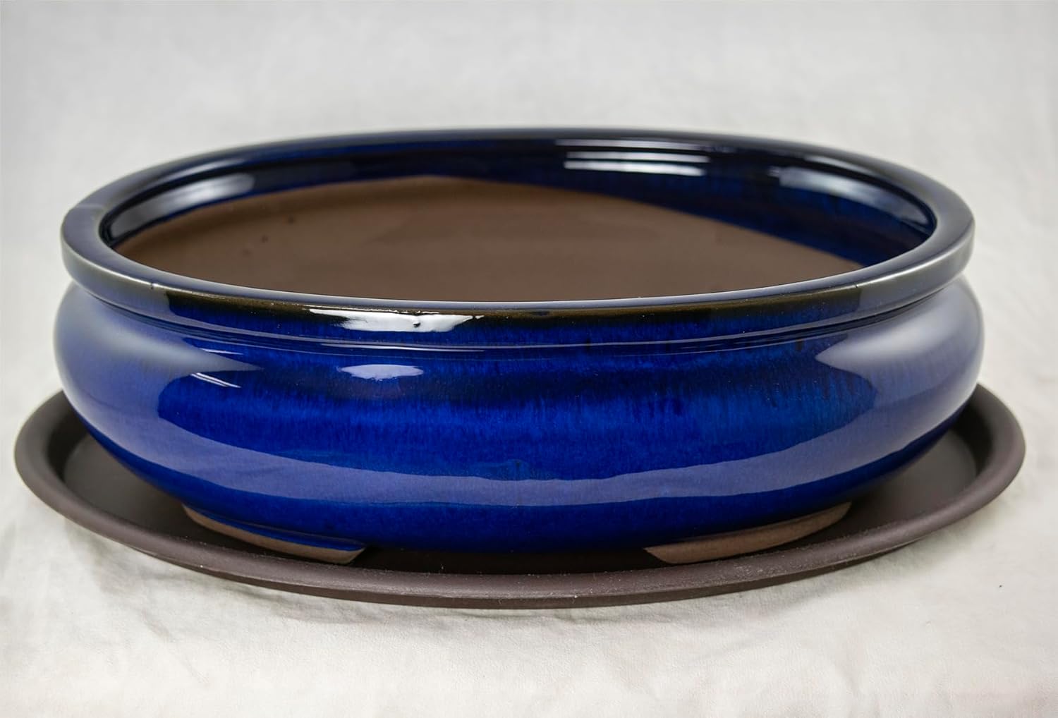 Oval Glazed Bonsai / Succulent Pot + Tray + Mesh 12''x 8.5''x 3.75'' - Dark Blue