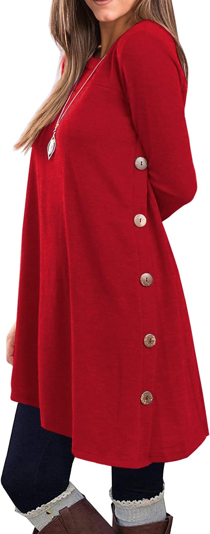 KORSISDresses for Women Long Sleeve Round Neck Casual Button Side T Shirts Loose Fitting Sweater Tunic Dress
