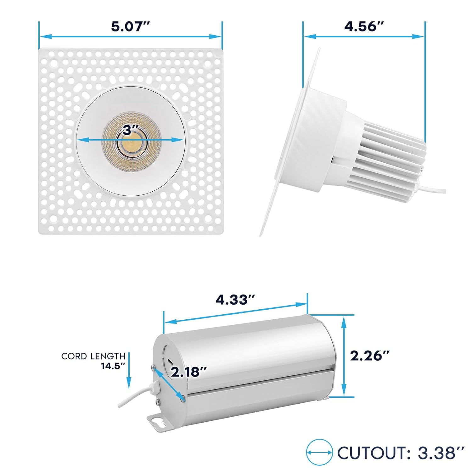 LUXRITE 3 Inch Trimless LED Recessed Lighting, 15W, 1100LM, 5CCT Selectable 2700K-5000K, Dimmable Ceiling Spotlight, CRI 90, Damp & IC Rated, Plaster Downlight, ETL Listed