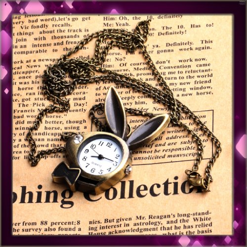 VINTAGE WHITE RABBIT HEAD SHAPE POCKET WATCH&LOOG CHAIN W0404