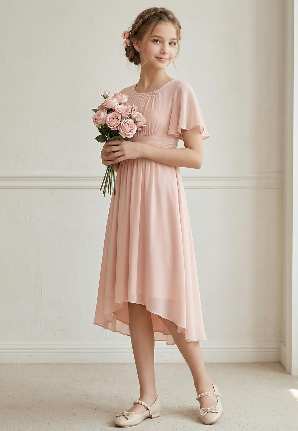 Rlweus Flutter Sleeves Junior Bridesmaid Dresses for Wedding Guest Dress Chiffon Short Chiffon Flower Girl Dress for Girls