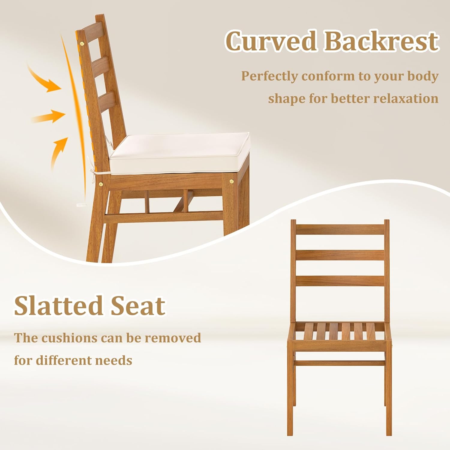 Tangkula Acacia Wood Patio Chairs Set of 4, Outdoor Dining Chairs with Padded Seat Cushions, Washable Covers, High Backrest, Outside Armless Chairs for Indoor Porch, Yard, Porch, Deck, Off White