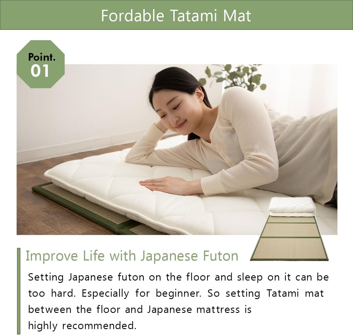 EMOOR Japanese Futon Mattress CLASSE and Foldable Tatami Mat Set Full White & Natural, Floor Sleeping Mat Sikibuton Igusa Natural