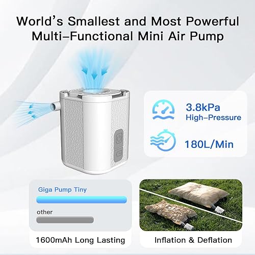 Miniatura 3 de Pequeña bomba de colchón de aire, bomba de aire portátil para inflables con luz de campamento, bomba de aire eléctrica de 3.8 kPa con 1600 mAh para