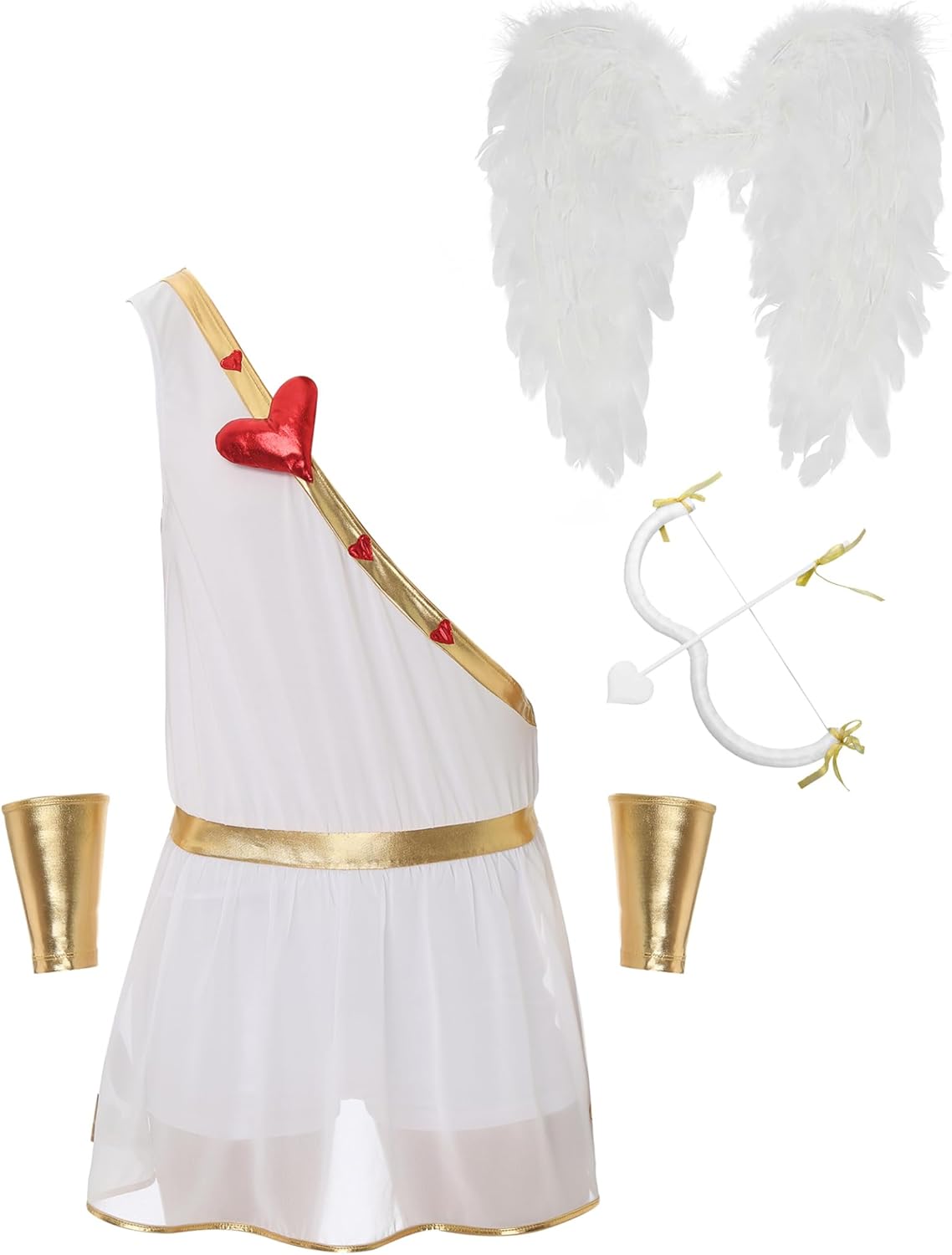 Jhaoyu Mens 4Pcs Cupid Costume Adult One-Shoulder Romper Metallic Bodysuit Valentine Fancy Dress Outfit