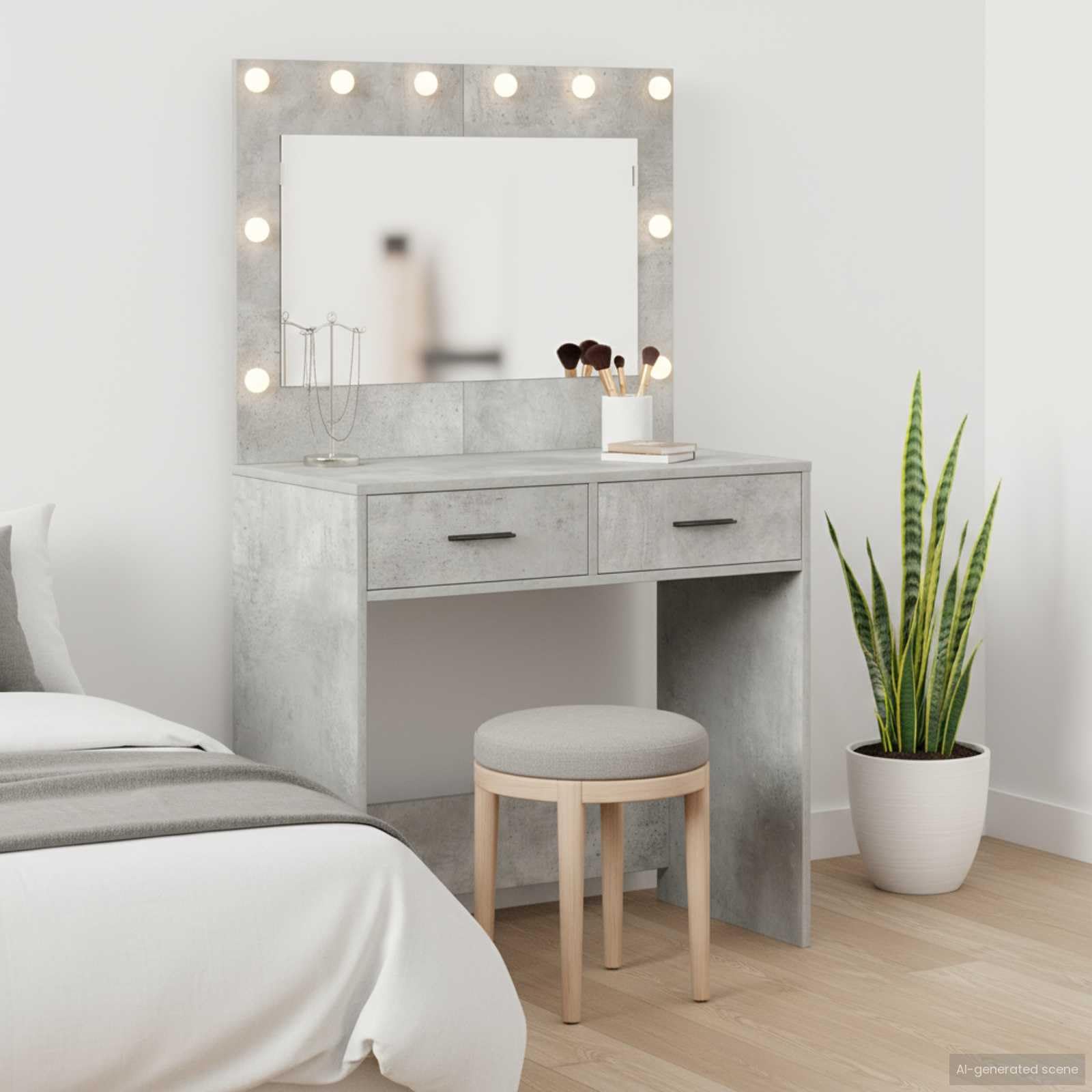 Tocador de hormigón gris de madera 78,5 x 41 x 135 cm con espejo plano LED y cajones para dormitorio, salón de belleza y peluquería