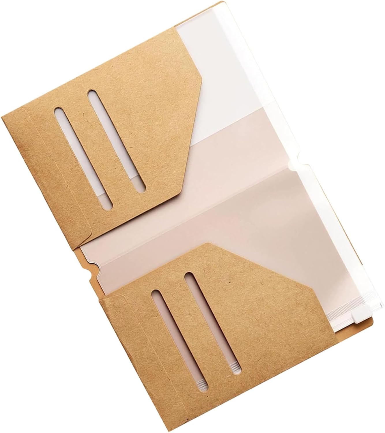 Travelers Notebook Accessories, 2 Kraft File Folders 2 Clear PVC Zipper Pouches Heart Shaped Clips with Card Slot, Transparent Designs for Standard Journal (Kraft Paper Bag 6 Pcs Set)