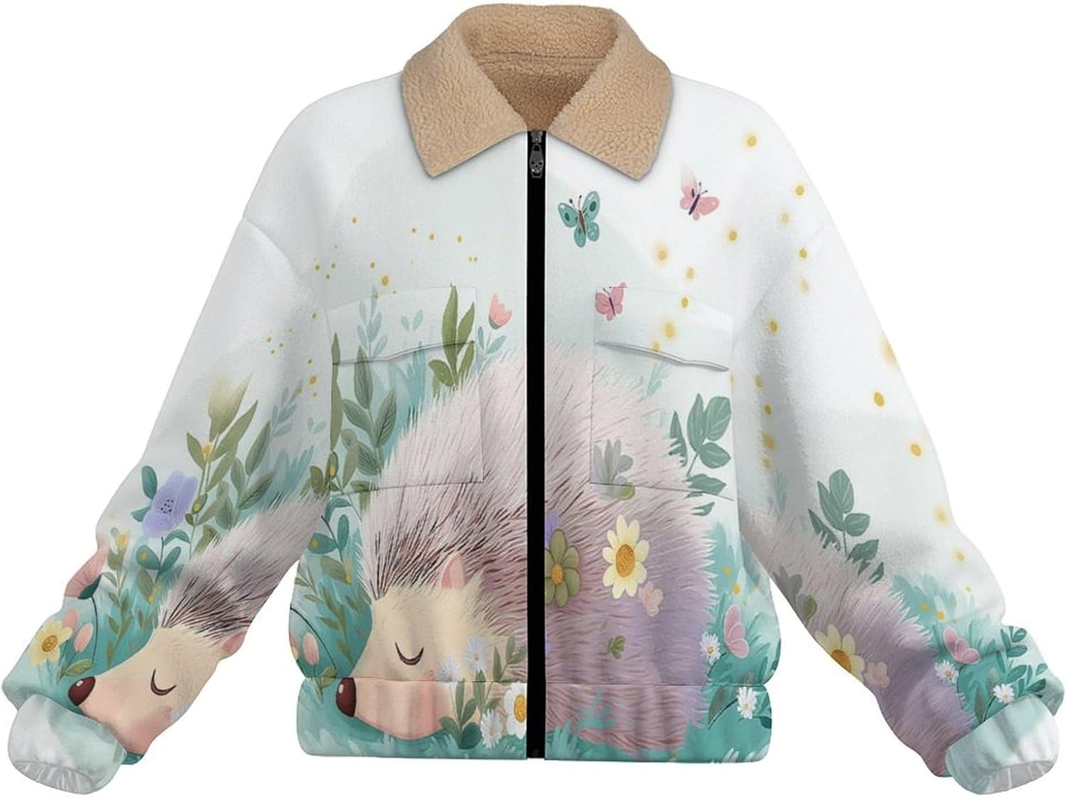Womens Fuzzy Fleece Jacket with Grassland Hedgehog Printed, Zip Up Lapel Sherpa Lined Coats, Winter Warm Outwear