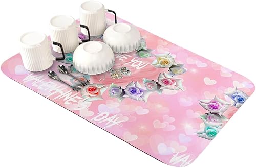 Miniatura 1 de Tapete de secado de platos para el día de San Valentín para encimera de cocina, manteles individuales absorbentes de secado rápido, tapetes