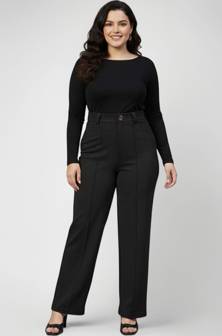 Women’s Plus Size Wide Leg Pants | High Rise Elastic Waist Stylish Casual Bottom Wear