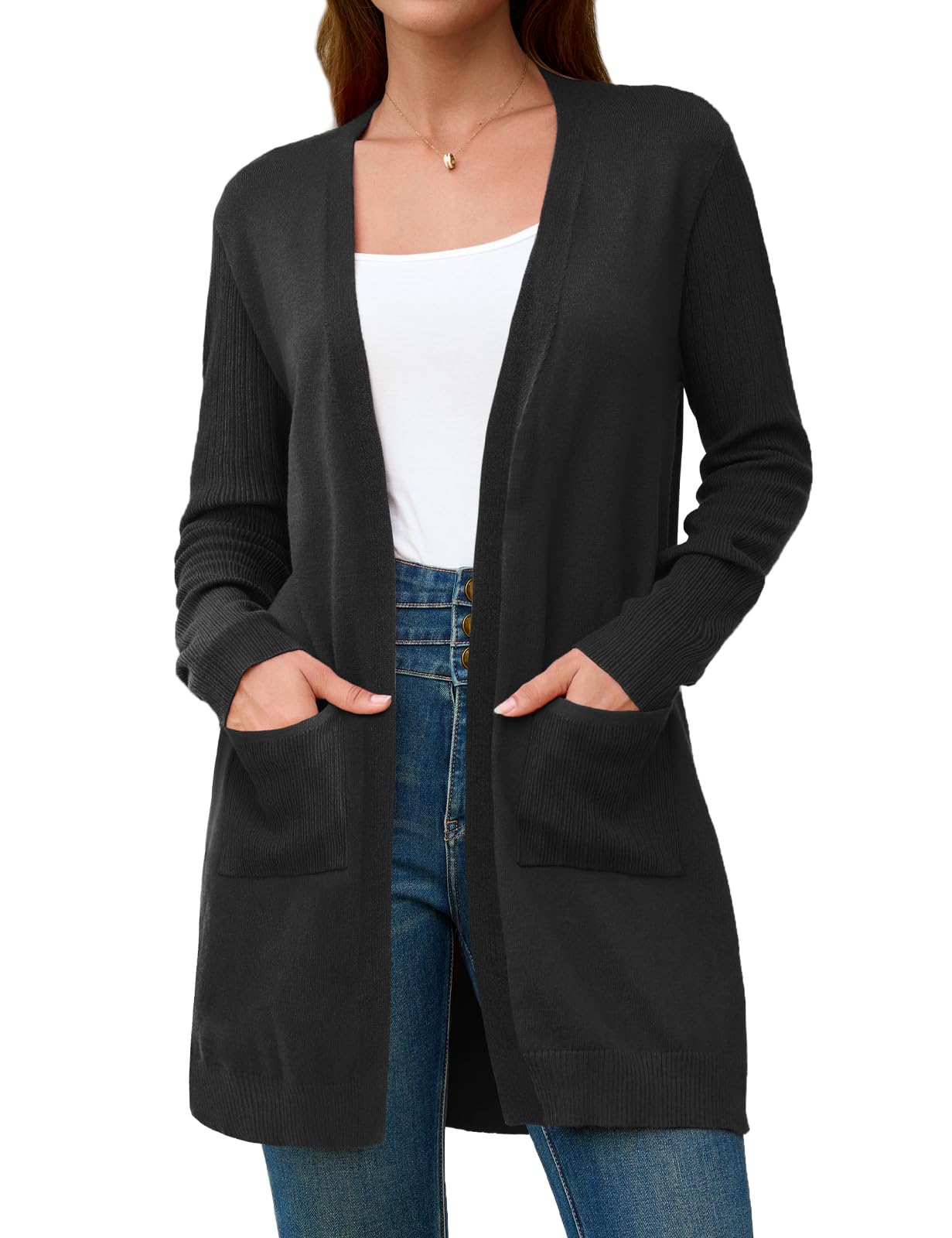 BB&KKCardigan Sweaters for Women Knit Ribbed Long Sleeve Open Front Casual Winter Lightweight Cardigans with Pockets