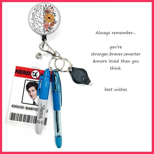 Miniatura 6 de Carrete retráctil con clip de cocodrilo giratorio, salud mental importa, diseño floral del cerebro, lindo soporte para identificación de enfermera