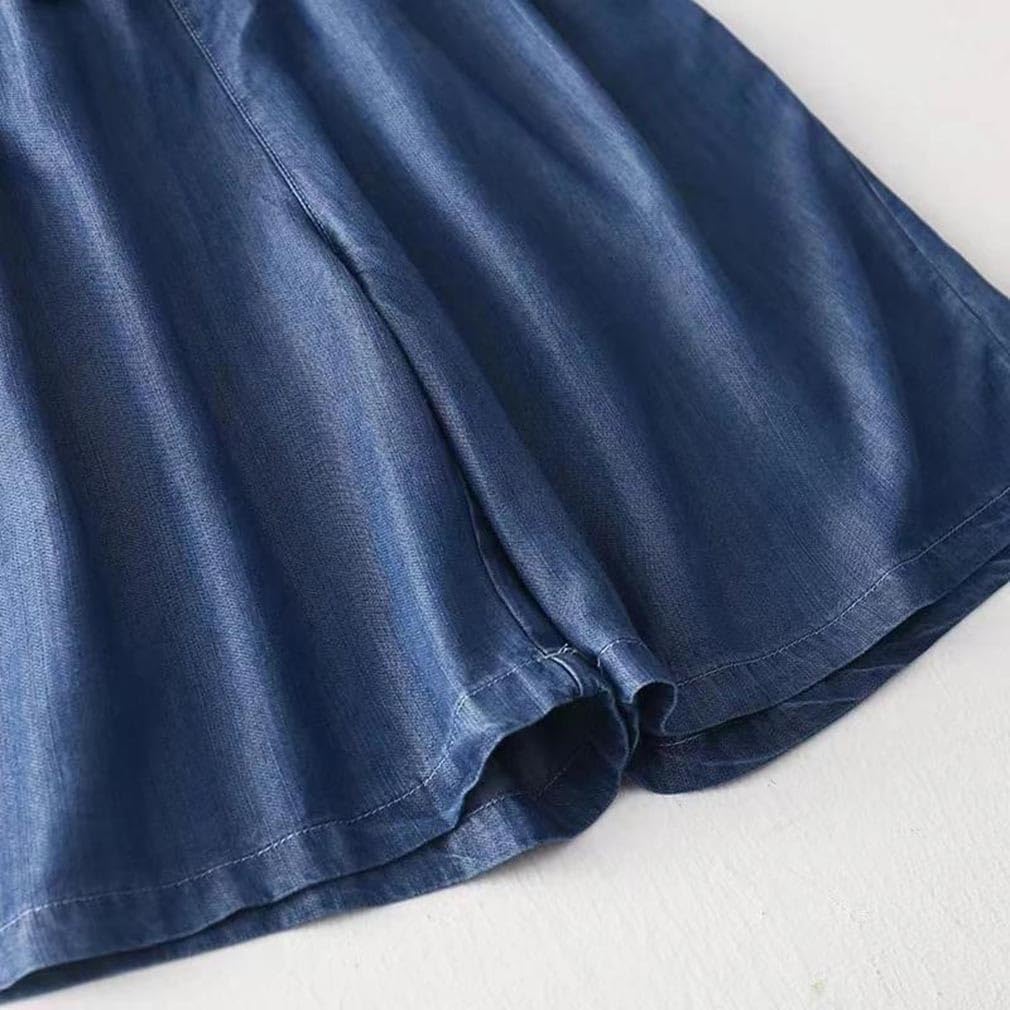 Women Denim Shorts Elastic High Waist Drawstring Lace-Up Casual Pleated Short Pants