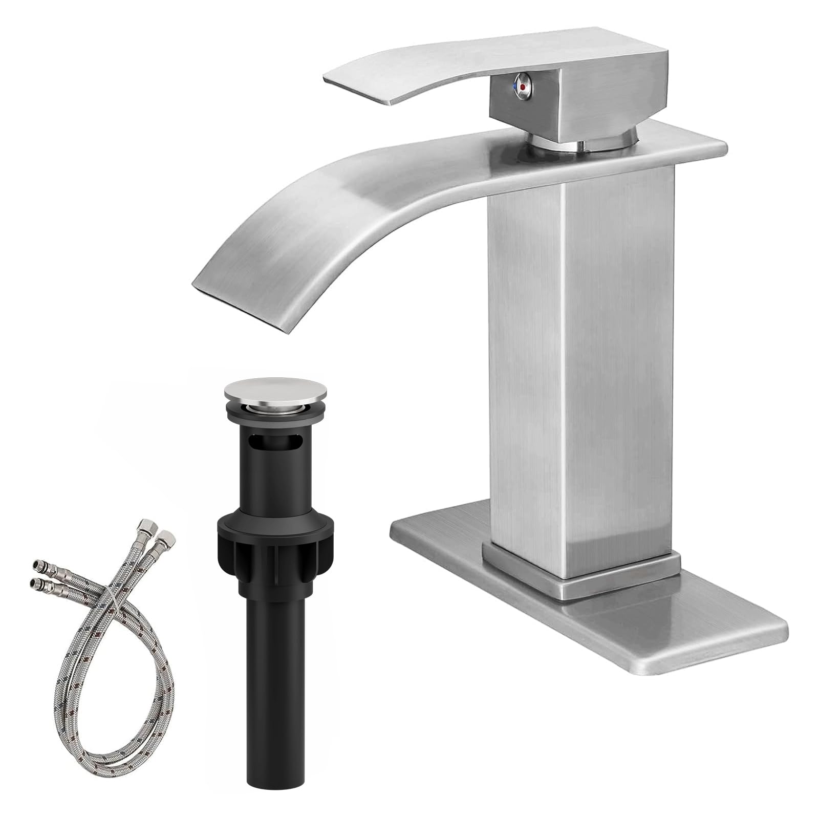 Sxithgkdw Brushed Nickel Bathroom Faucet Modern Waterfall Single Hole Faucet For Bathroom Sink Single Handle With Pop Up Drain With Overflow Assembly And Supply Line Lavatory Bath Faucet
