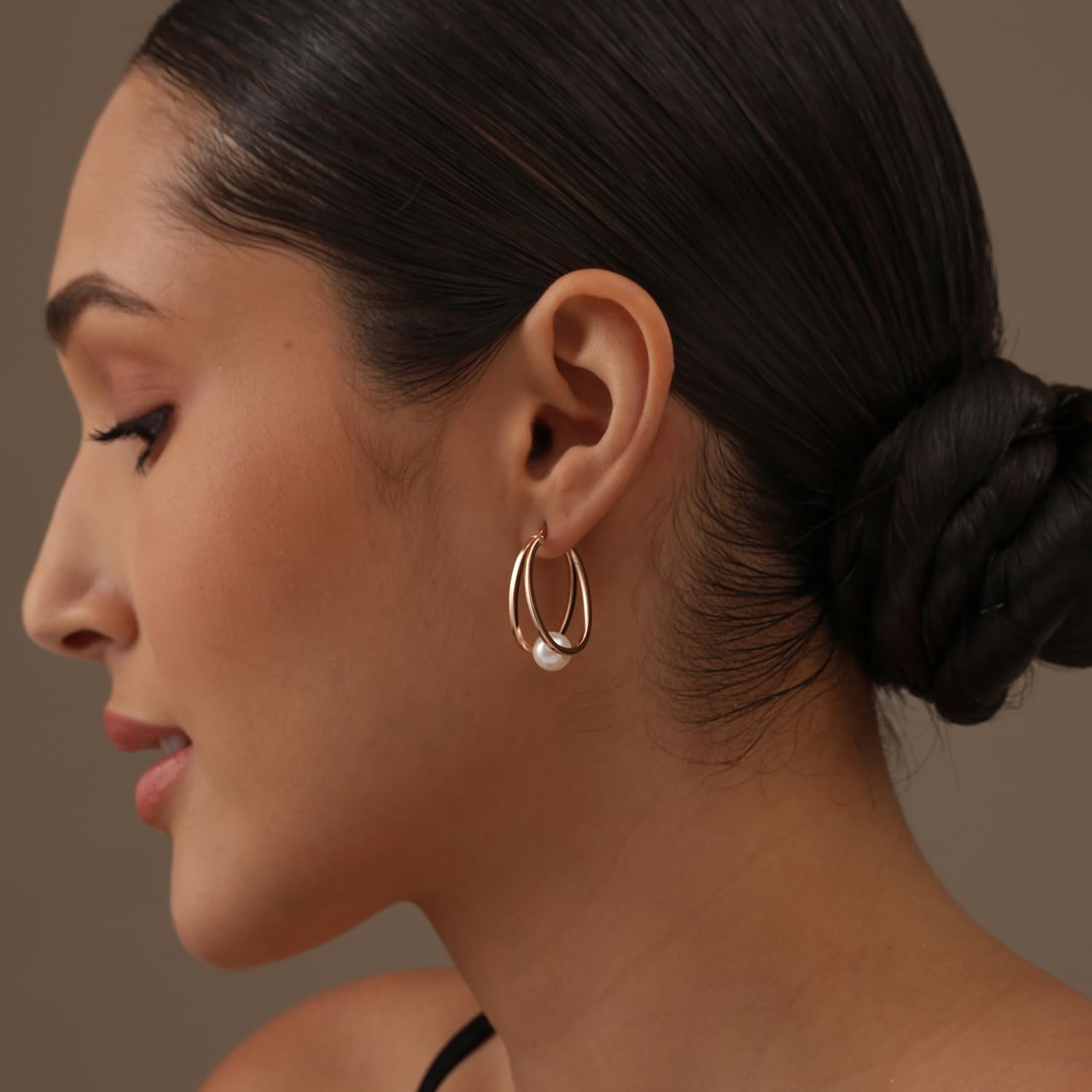 LeCalla 925 Sterling Sliver Pearl Hoop Earrings for Women | Pearl Double Oval Hoop Earrings Jewelry | Available in Rose Gold, Gold & Silver Plated Finish