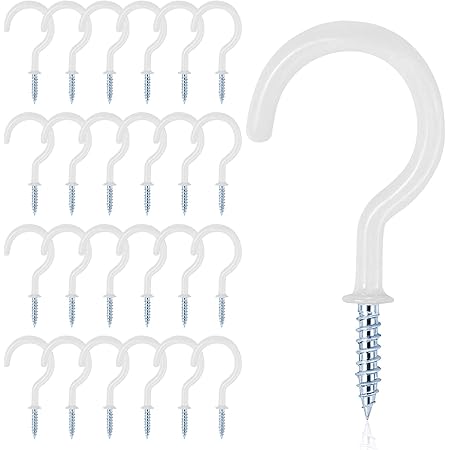 MJIYA 24 PCS Vinyl Coated Ceiling Hooks Question Mark Shape Hook Heavy Duty Screw Cup Hook for Bathroom Kitchen Wall Ceiling Hanging (White, 1 inch)