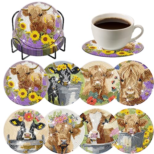 Demonwer Juego de 8 Posavasos de Pintura de Diamantes de Vaca de Primavera con Soporte, Posavasos de Arte de Vaca de Primavera para Regalos para Principiantes, Adultos y niños, Mesa de Arte
