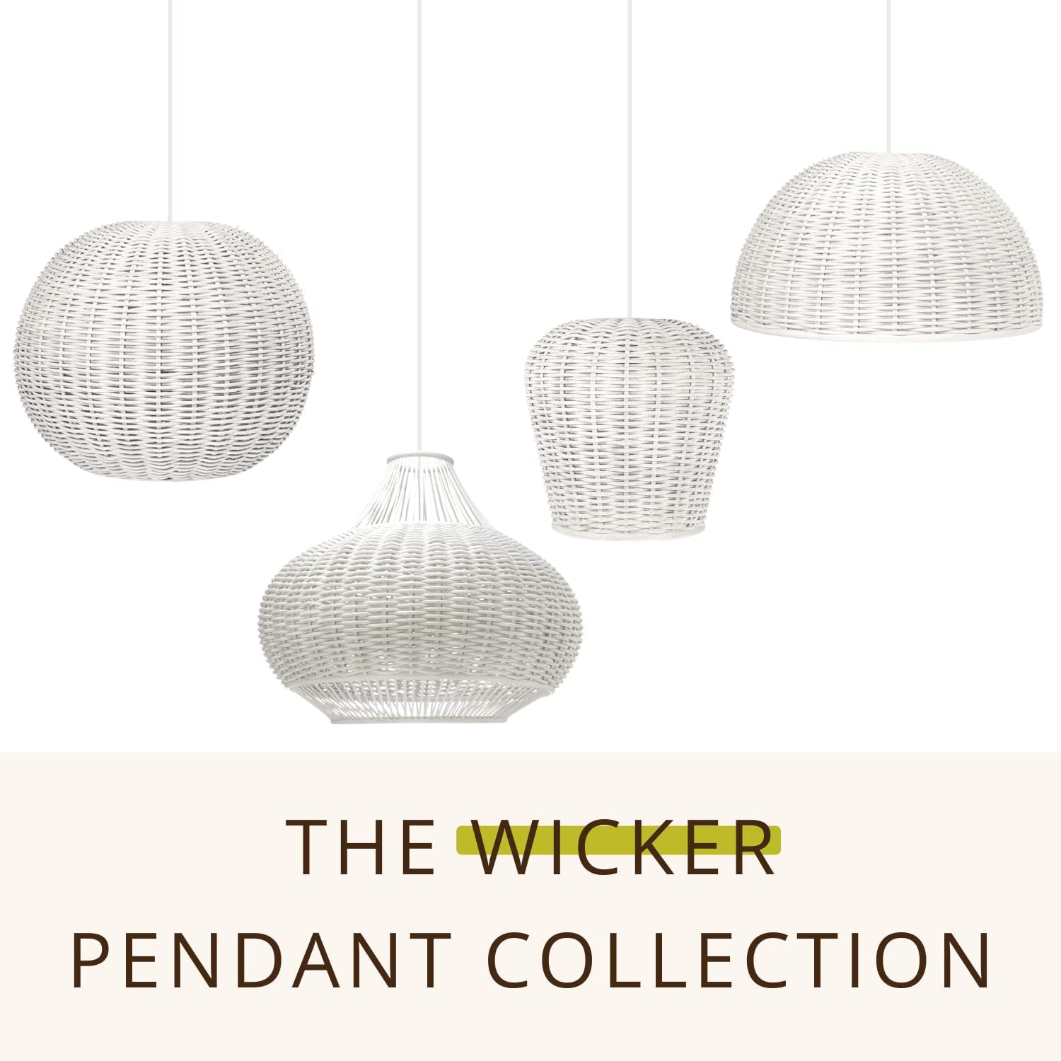 KOUBOO Lamp Wicker Ball Pendant – Boho Rattan Ceiling Light Fixture for Dining Room, Kitchen Island & Living Room Décor – Modern Farmhouse Pendant Light Shade, White