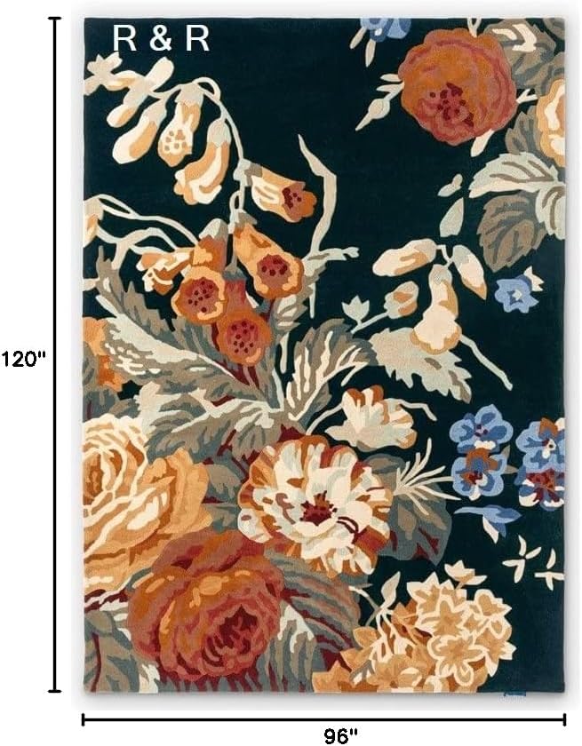 Modern Rose Floral Wool Area Rug | Handmade Area Rug with Garden Colorful Flowers for Living Room Dining Room and Kitchen (Dark Green, 5' x 8')