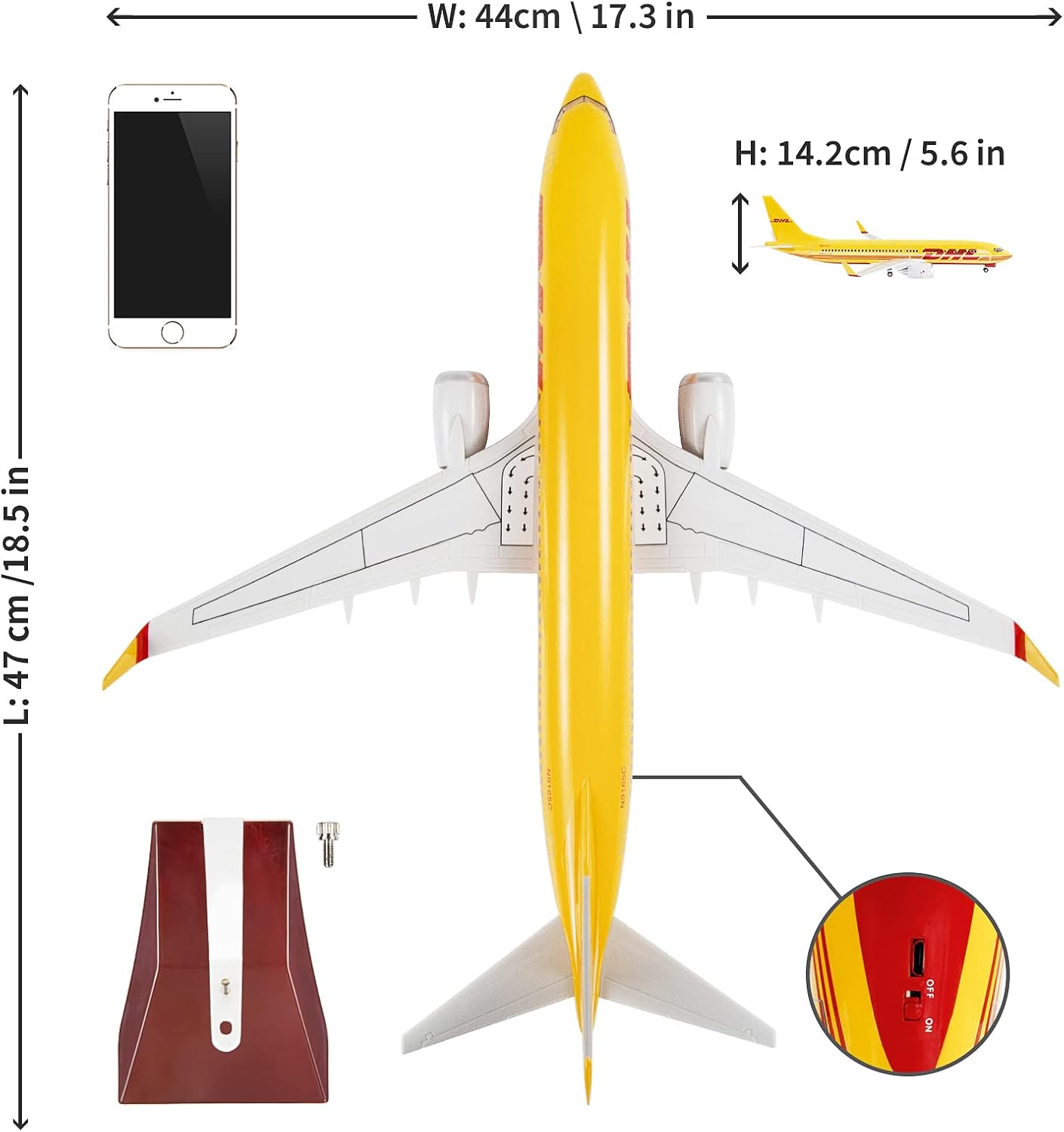 24-Hours 18” 1:80 Scale Model Jet DHL Airplane B737 Model Planes Display Model Airplane Diecast Airplanes Model Kits for Adults with LED Light(Touch or Sound Control) (DHL 737)