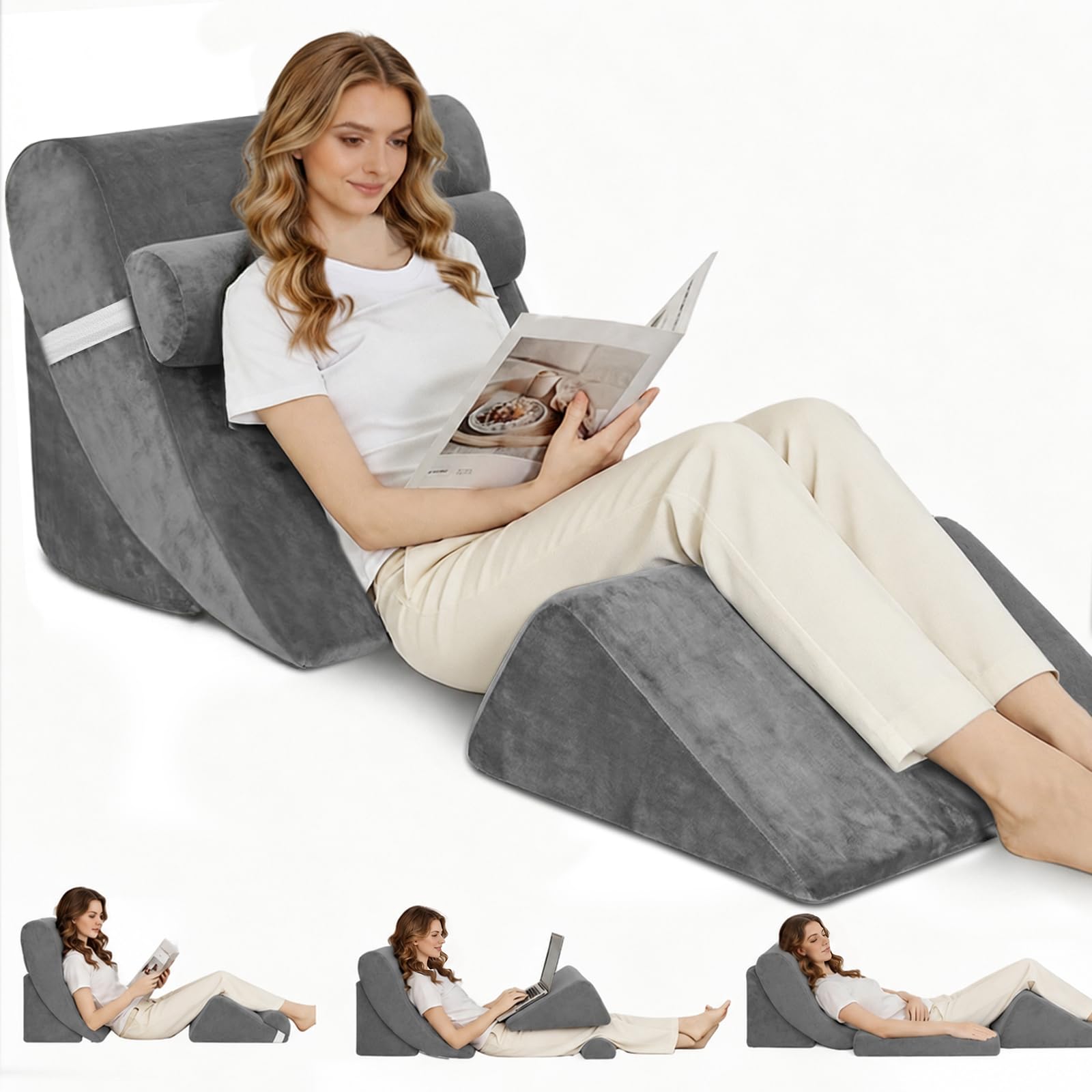 Photo 1 of LevNubis 4PCS Orthopedic Bed Wedge Pillow Set for Post Surgery&Pain Relief,Adjustable Wedge Pillow for Back,Acid Reflux,Sitting up in Bed,Recovery,Snoring,Body Pillow for Sleeping (Gray)