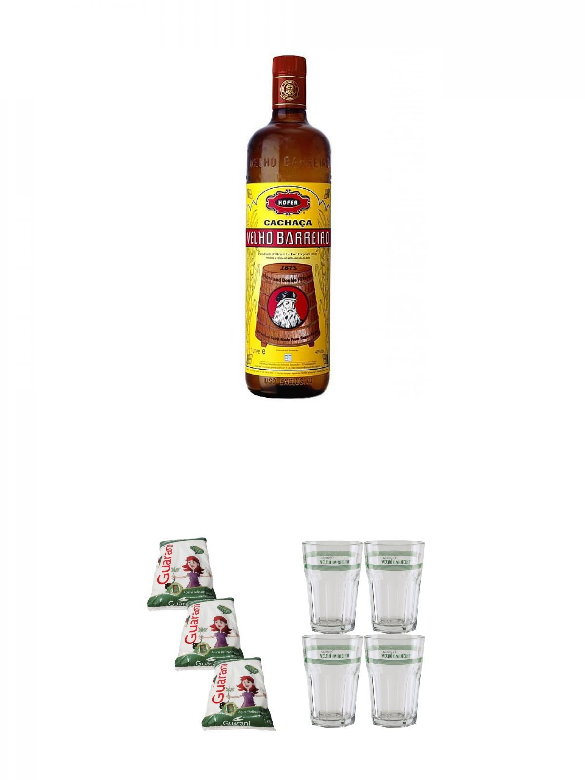 Velho Barreiro Silver Cachaca Originalabfüllung 1,0 Liter + Guarani Brasilien feiner Rohrzucker für Cocktails 3 x 1,0 Kg + Velho Barreiro Caipirinha Glas 4 Stück