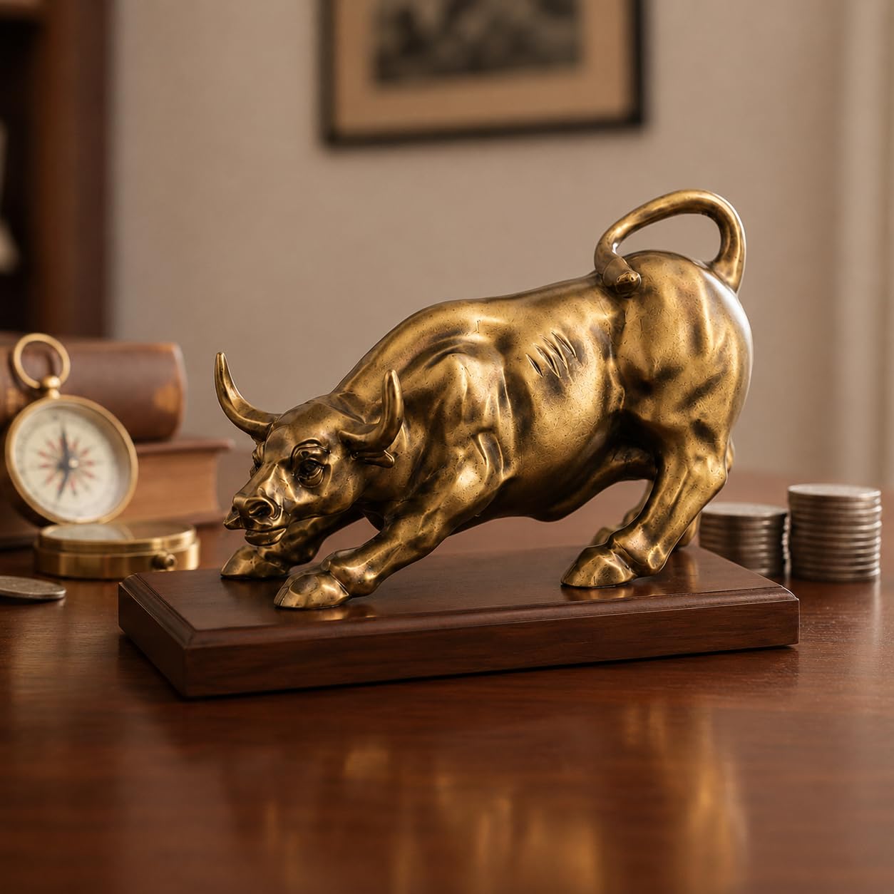 Golden Bull Statue Showpiece for Home Decor - Modern Charging Bull Figurine with Wooden Base, Luxury Office Desk Decor, Wealth & Success Symbol Sculpture-picture-23