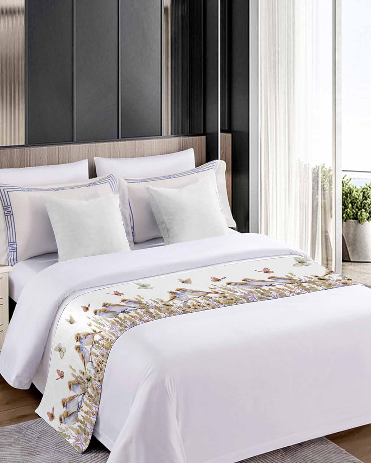 Spring Lavender Bed Runner Scarf Bedding Accessory for Queen Size Bed,Soft Bed Scarves and Runners Stainproof Dustproof Bedroom Decor for Hotel Wedding Room,Flower Plant Botanical Leaf Bird 94"x20"