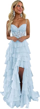 Ruffle Prom Dress with Slit Sky Blue Lace Appliques Spaghetti Strap Corset Tiered Chiffon Formal Evening Gown for Women US6