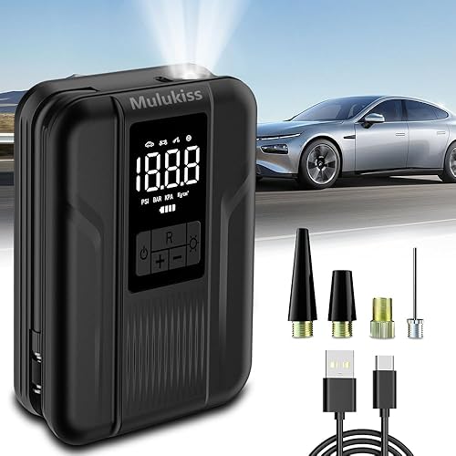 Mulukiss Inflador de neumáticos, compresor de aire portátil para automóvil, bomba de bicicleta eléctrica con batería recargable de 5000 mAh, bomba