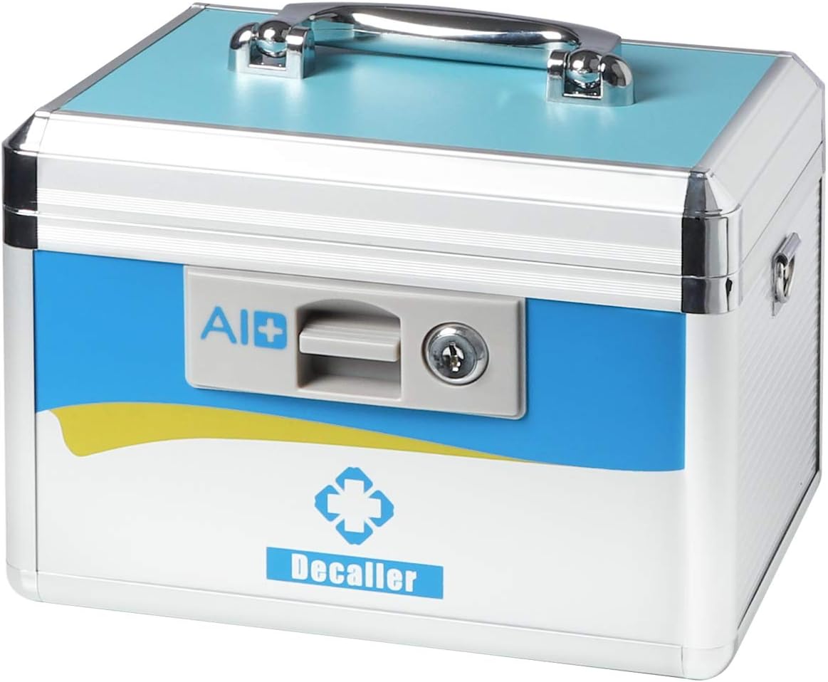 DecallerFirst Aid Box with Security Lock, Medical Box with Removable Tray for Storage, 10 1/2" x 7 3/5" x 7 3/5", Small Blue, YLX002S