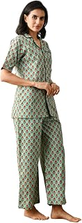 Shrvan Shop Women's Cotton Floral Printed Lapel Collar Night Suit Soft & Breathable Top & Pyjama for Daily Comfort (Green-... Price In India