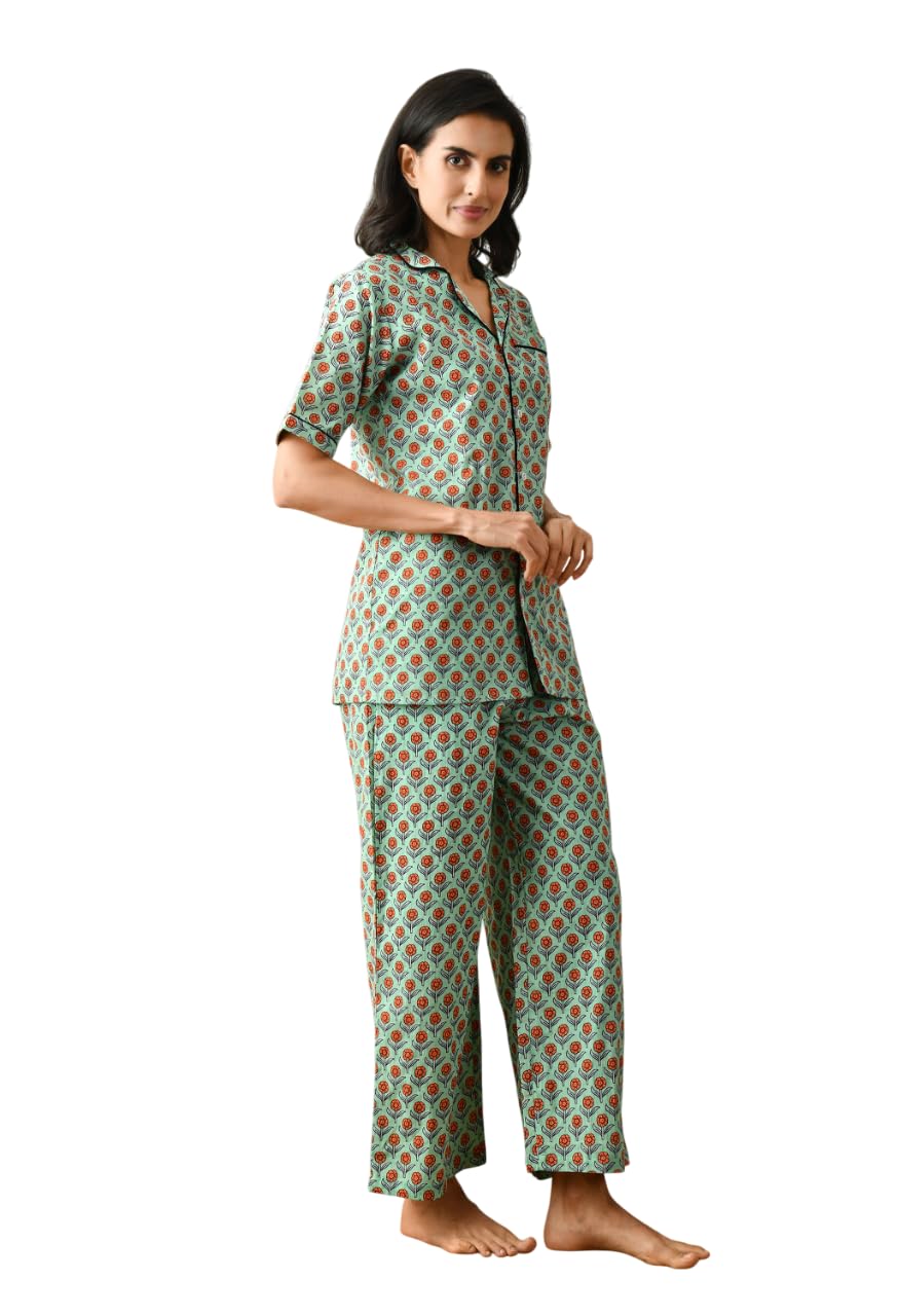 HiFi Bricks and Block Women's Cotton Floral Printed Lapel Collar Night Suit Soft & Breathable Top & Pyjama for Daily Comfort (Green-Phool)-picture-31