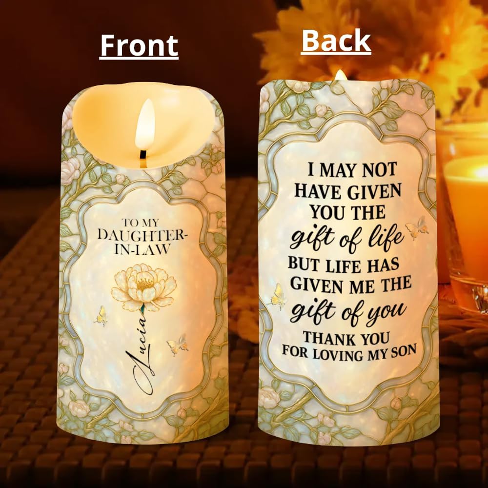 To My Daughter-In-Law, Gift of Life, Flowers and Butterfly Design, Personalized Custom LED Candle, Daughter in Law Birthday Gifts from Mother, Appreciation Thank You Gifts for Daughter-In-Law