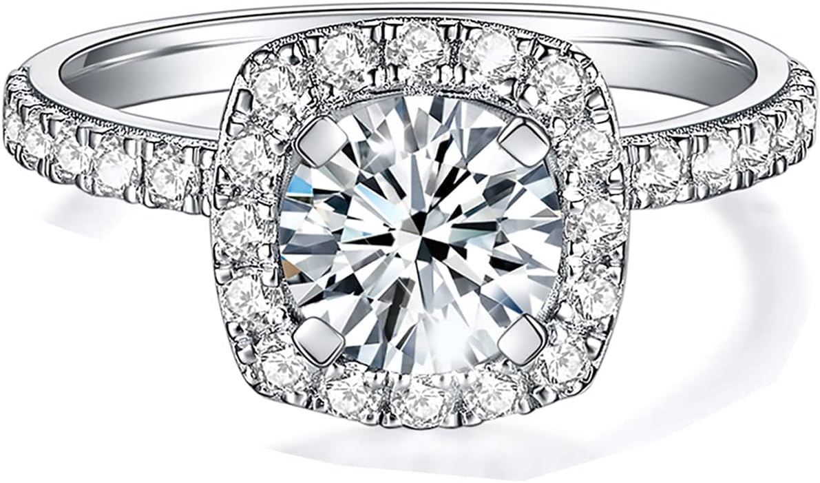 IMOLOVESolitaire Engagement Rings for Women Halo Ring Promise Rings for her Sterling Silver plated with 18K White Gold Rings for Women 1.64ct D Color VVS1 Clarity Moissanite Size 4-11