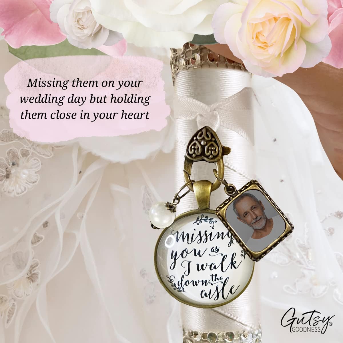 Gutsy Goodness Missing You As I Walk Down the Aisle Wedding Bouquet Memory Charm Memorial Bridal Pendant Jewelry Photo Frame