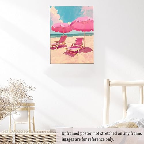 Miniatura 4 de Pintura de playa pastel  11 x 14 pulgadas  Arte de pared costero rosa retro, impresión de paisaje de playa vintage, póster estético de viaje de