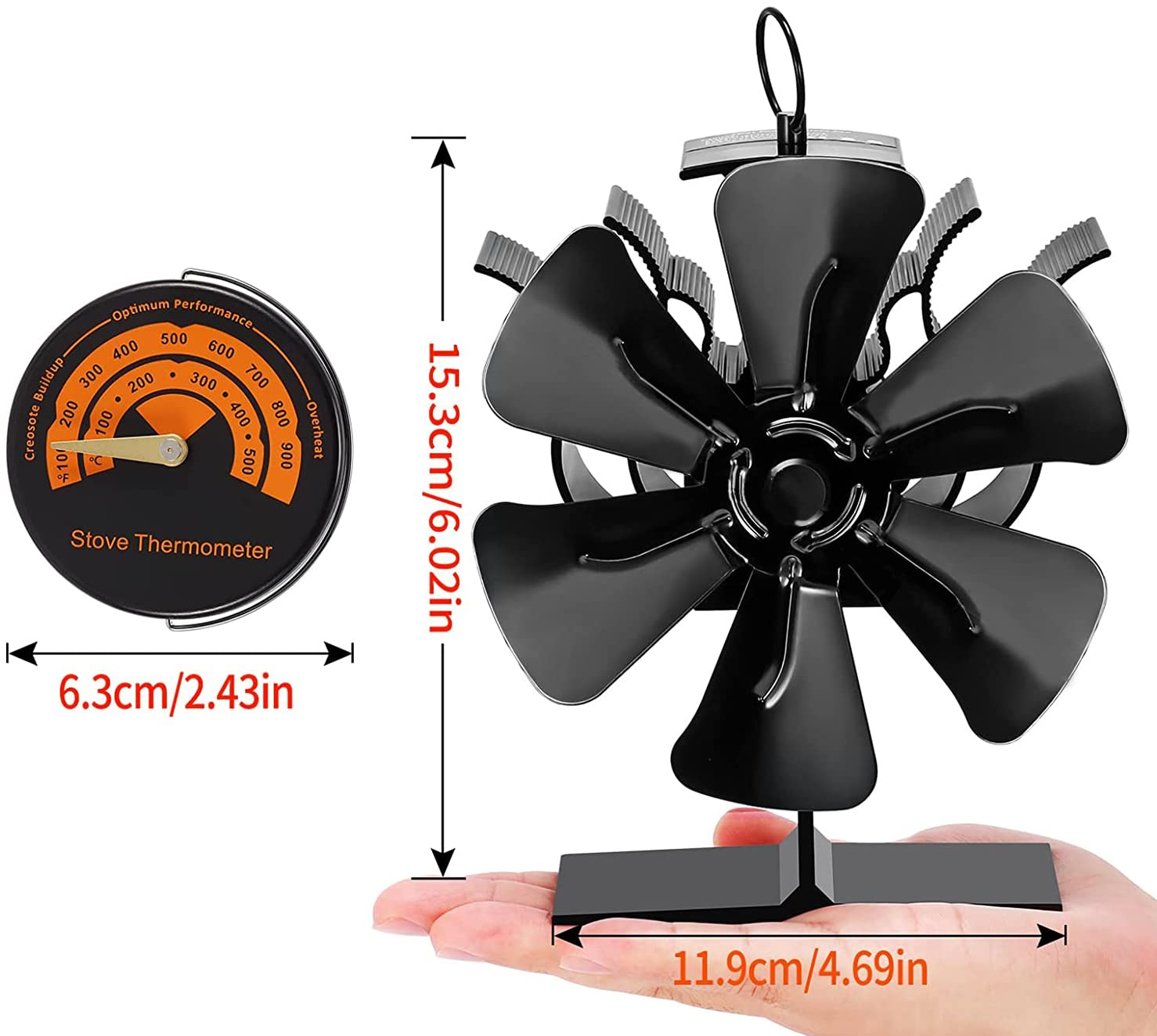 Ventola per stufa a legna a 6 pale alimentata a calore + termometro magnetico, 50 °C, non elettrico, ventilatore ecologico per caminetto