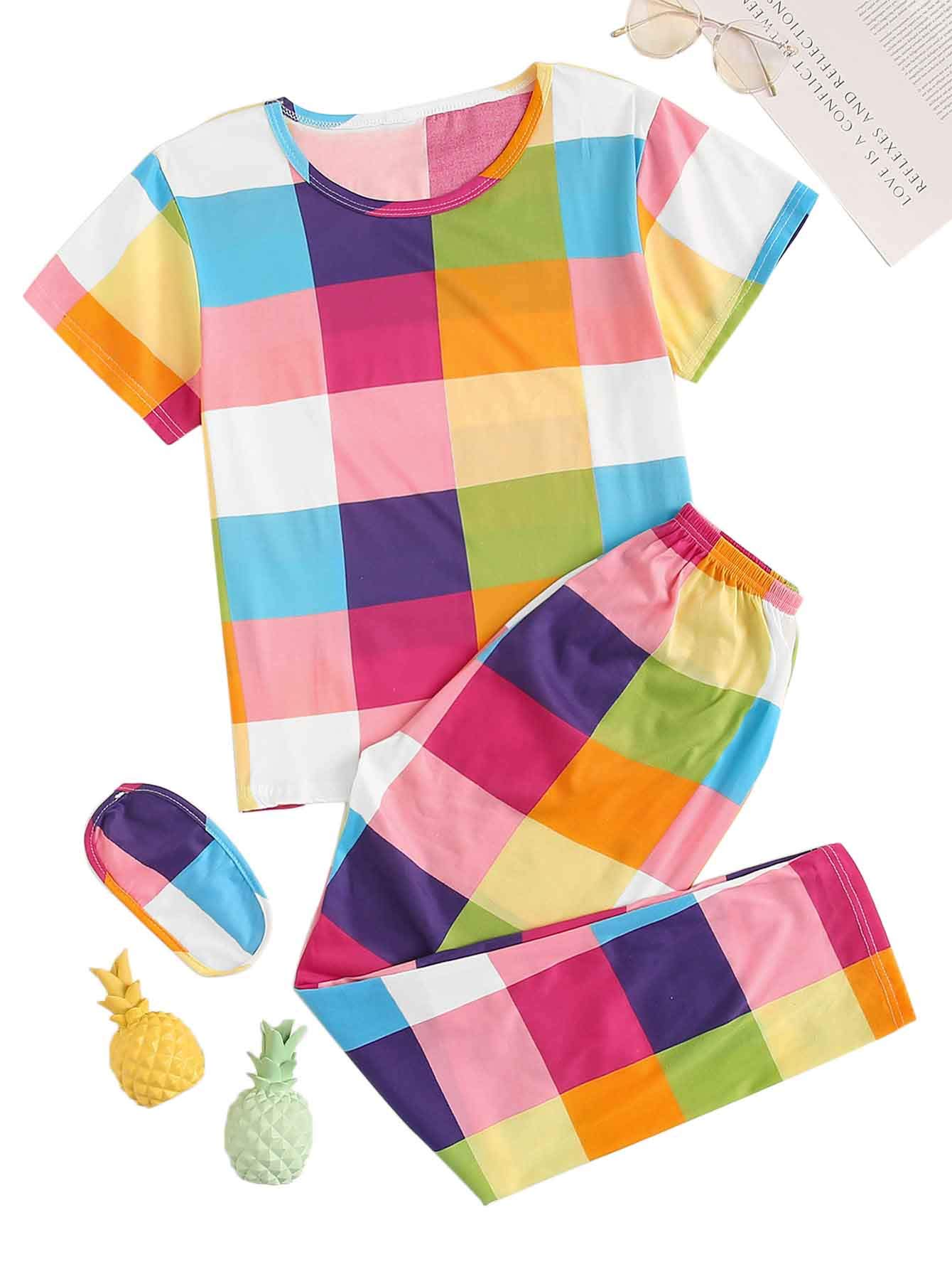 Floerns Women's Cartoon Print Short Sleeve Top with Long Pants Two Piece Pajama Sets