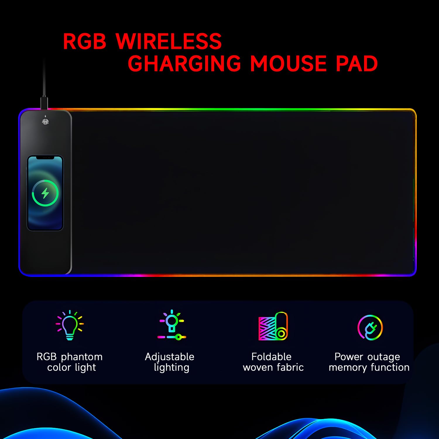QUMOX Tappetino Mouse RGB con Ricarica Wireless 15W, 10 Modalità LED, 800x300mm, Base Antiscivolo per PC, Gaming, Scrivania