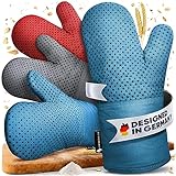 Funkenflug® Premium Ofenhandschuhe hitzebeständig [NEU] - Backhandschuhe mit Anti-Rutsch Silikonbeschichtung, extra langem Unterarmschutz & bequemer Passform - Topflappen Handschuh (Blau)