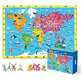 100 Piece Puzzles for Kids Ages 4-8,Animal World Map Toddler Puzzles,World Map for Kids Puzzles,Lear